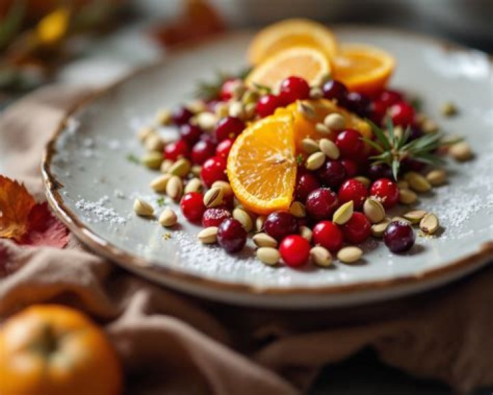 Oranges, apples, cranberries, and sugar in a food processor.